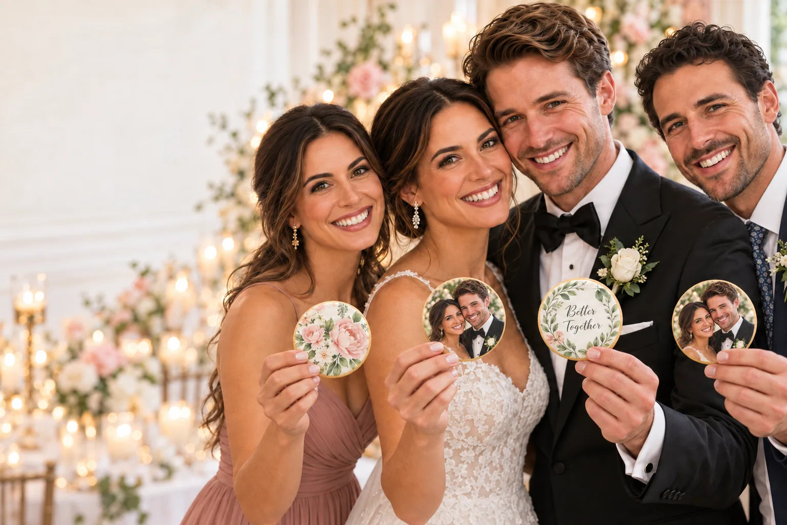 A bride, groom and two guests holding four cookies: two matching couple portraits and two wedding designs