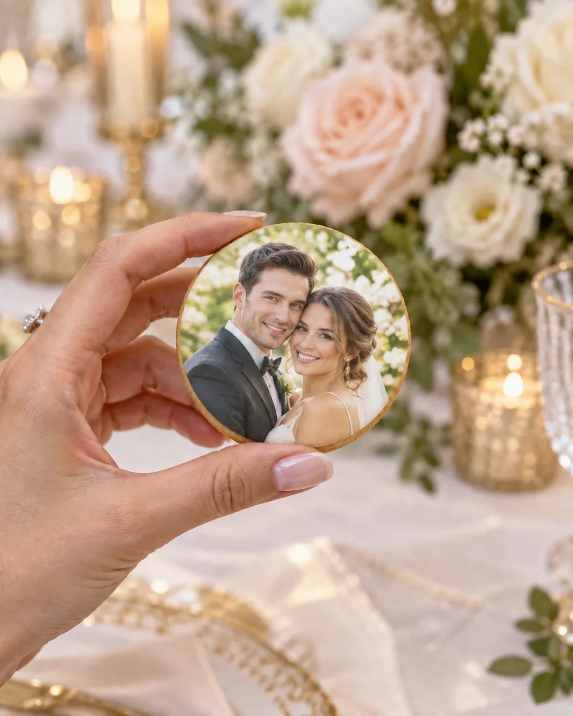 A hand holding a personalized wedding photo cookie