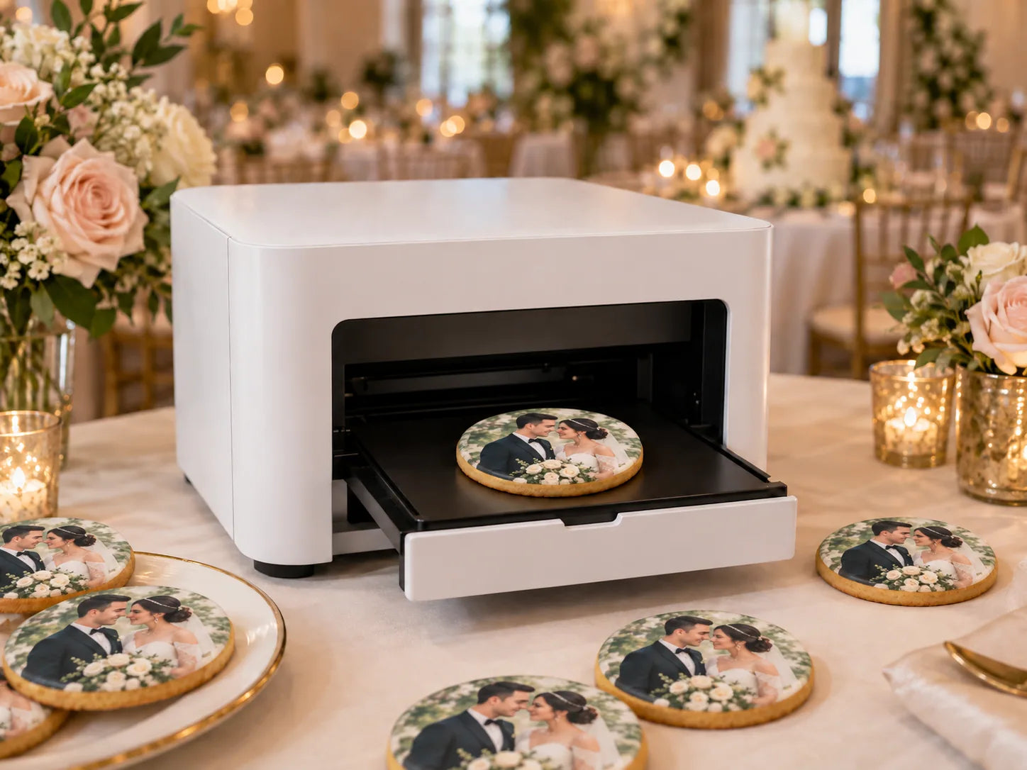 An edible printer creating personalized cookies at an event