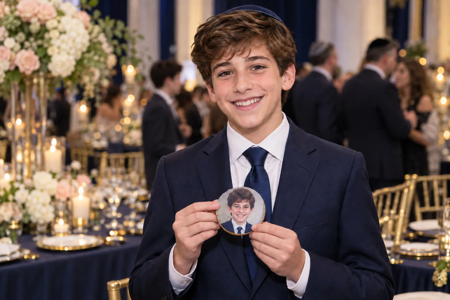 A smiling Bar Mitzvah guest holding a personalized cookie