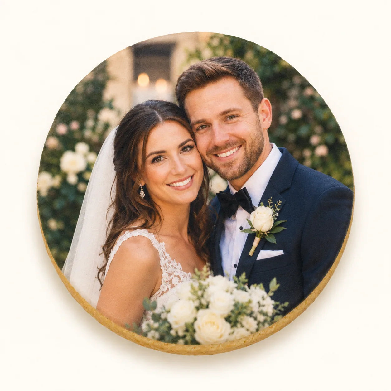 A finished cookie printed with a couple’s wedding photo
